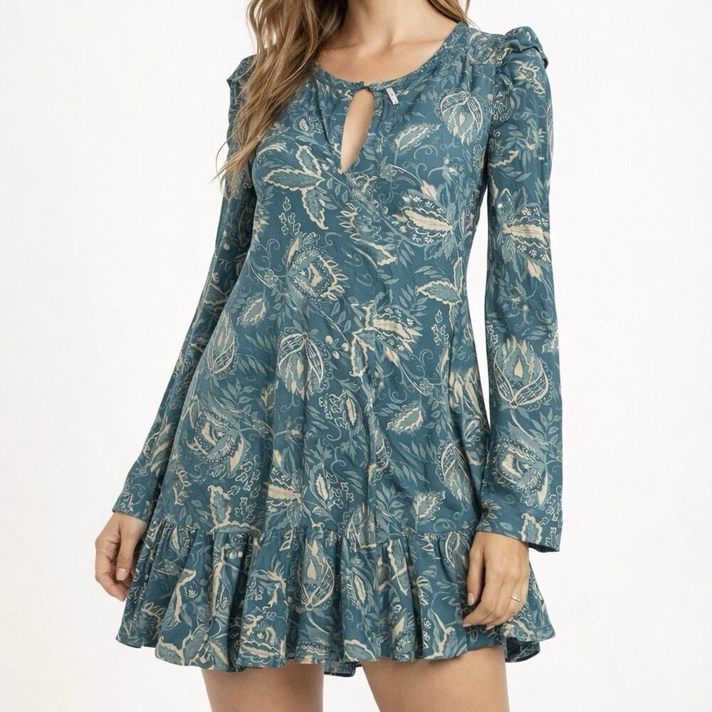 Free People Teal Floral Long Sleeve Ruffle Mini Dress Size S EUC